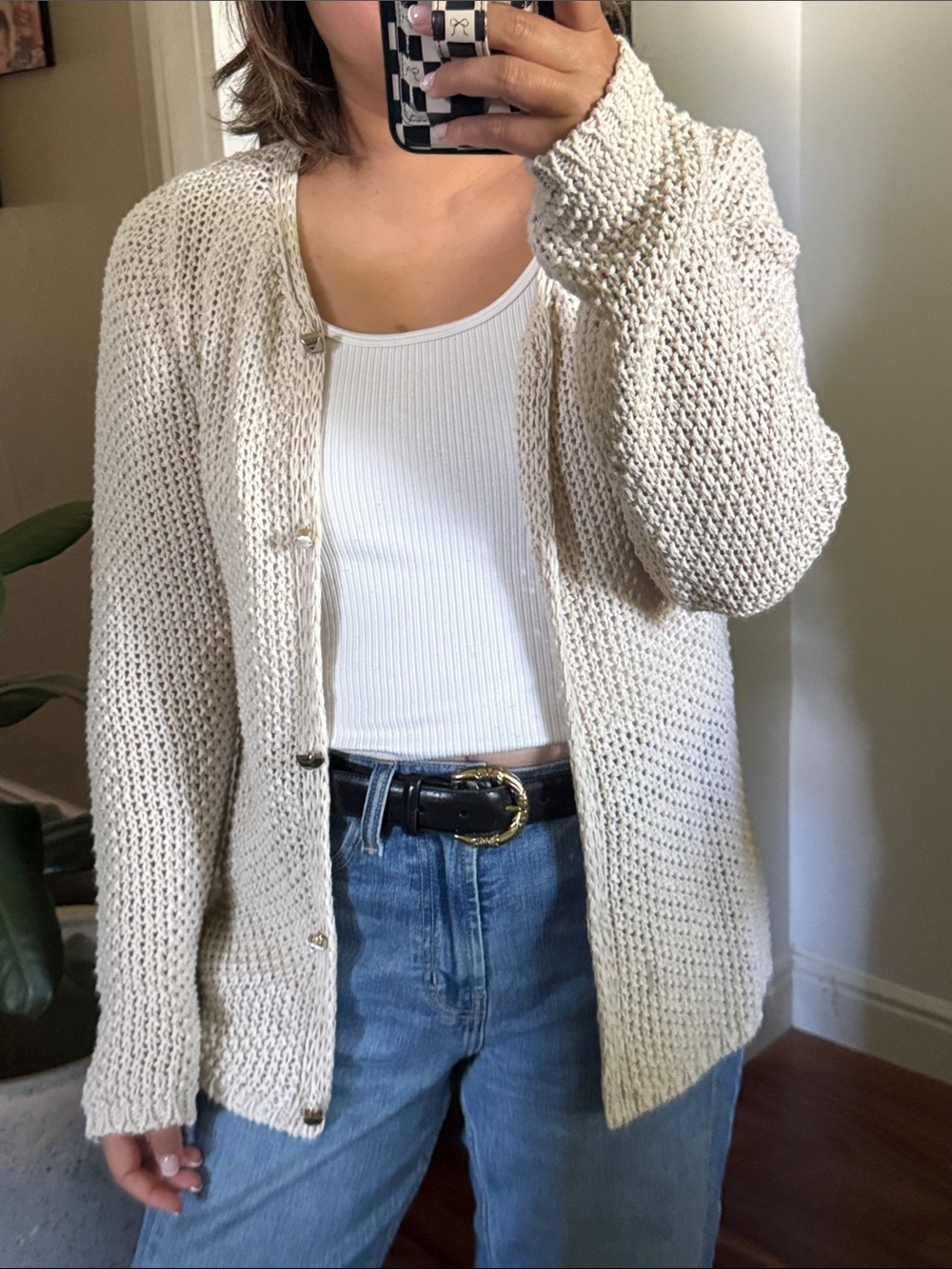 Sfizio Italian Open Knit Open Front Bone Cardigan. Size XL